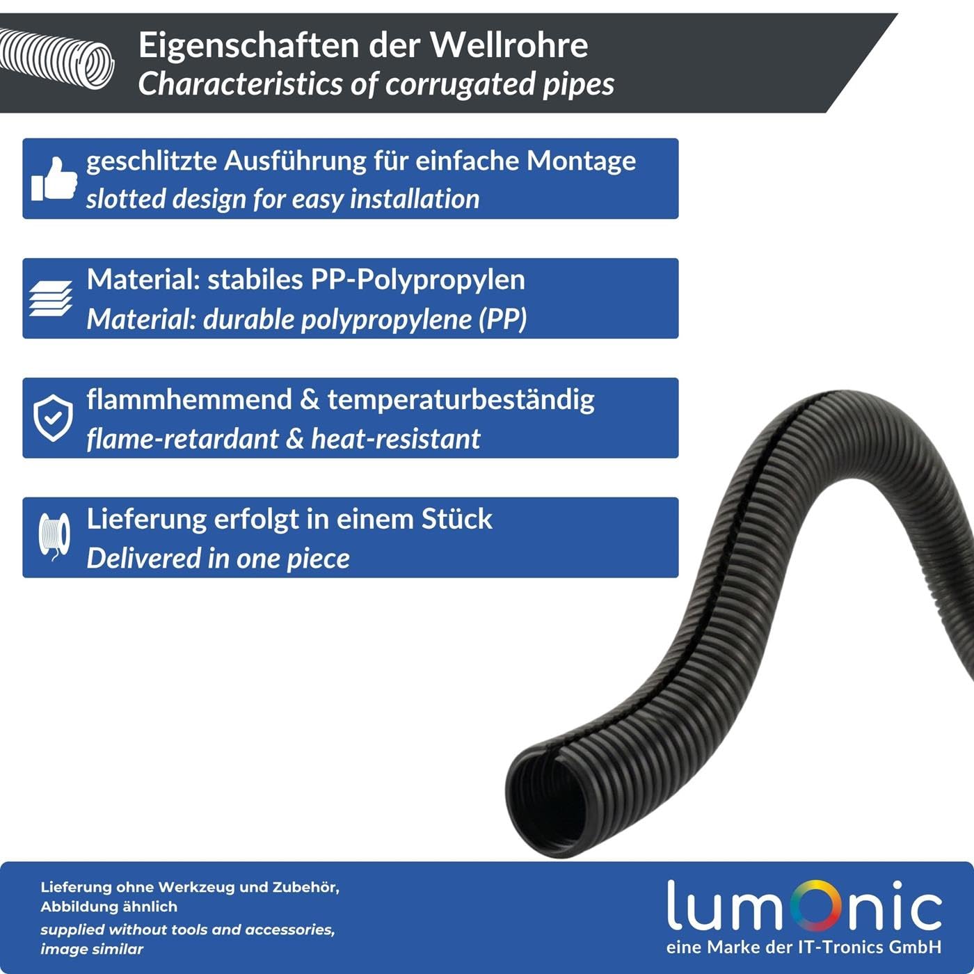 Lumonic 25m Tube ondulé Fendu | Diamètre intérieur 37mm | -40...+125°C | polypropylène ignifugé | Solaire, Câblage Domestique, Véhicule, Armoire électrique