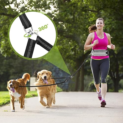 Miniatura 5 de Pecute Correa de perro manos libres para 2 perros, riñonera con cinturón acolchado suave, correa doble para perro con bolsa, 3 asas acolchadas,