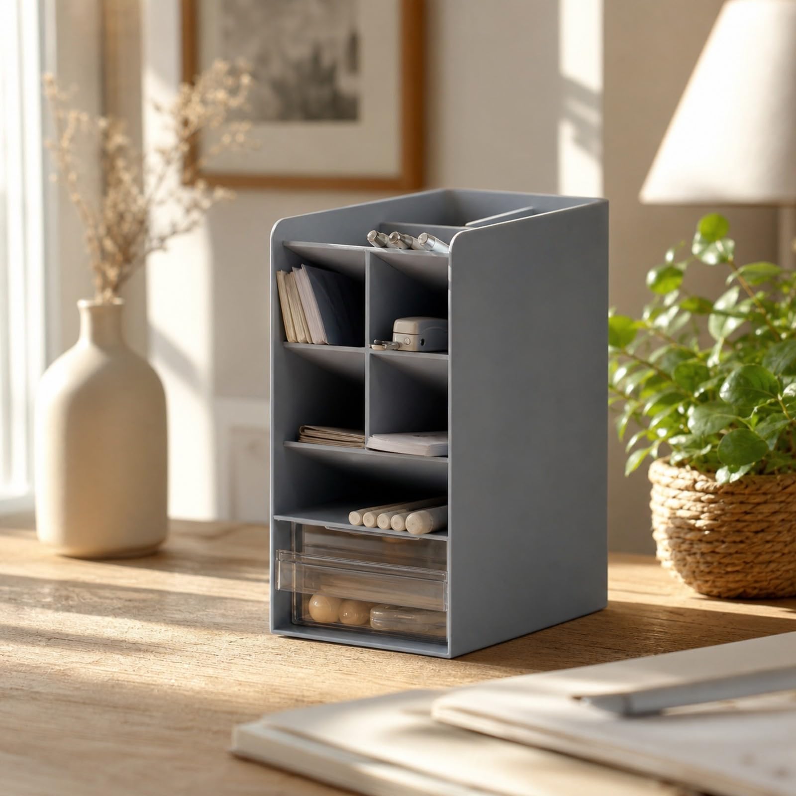 Organizador Libros con Divisores Extraíbles Ahorra Espacio Caja Almacenamiento Plástico con Cajones para Estudians,