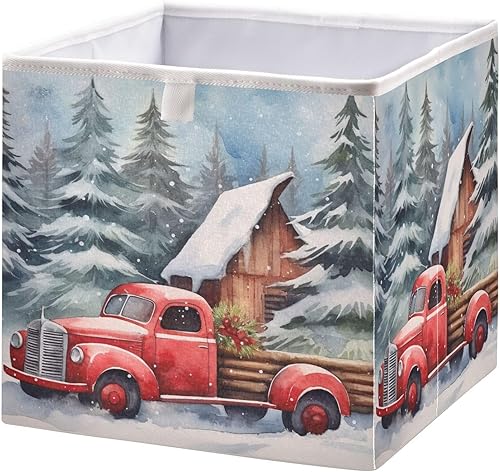 Red Christmas Truck Trees Cube Storage Bin Fabric Storage Cubes Foldable Storage Box Large Closet Organizers Baskets Containers for Shelves Office