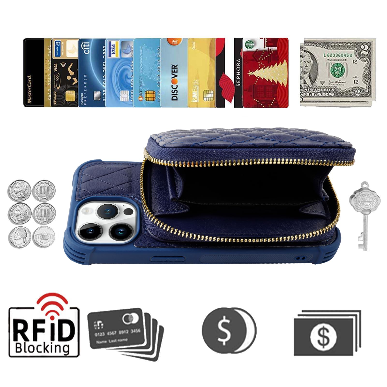 MONASAY Zipper Wallet Case Compatible for iPhone 15 Pro,[Glass Screen Protector ][RFID Blocking] Flip Leather Handbag Phone Cover with Card Holder&Detachable Crossbody Lanyard Strap, Dark blue