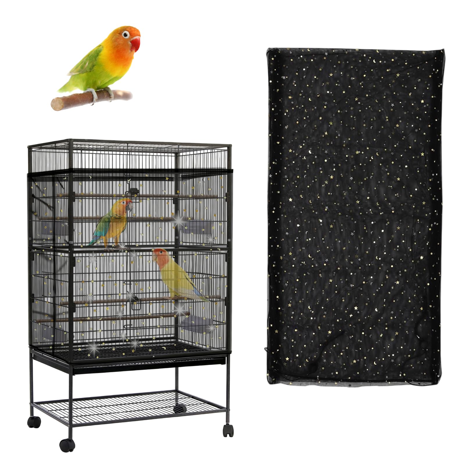 CLKE Large Bird Cage Cover, Adjustable Soft Airy Nylon Mesh Net with Sparkling Sequins, Birdcage Cover Skirt Seed Guard for Parrot Macaw Round Square Cages (Black, 15.7x118 inches)