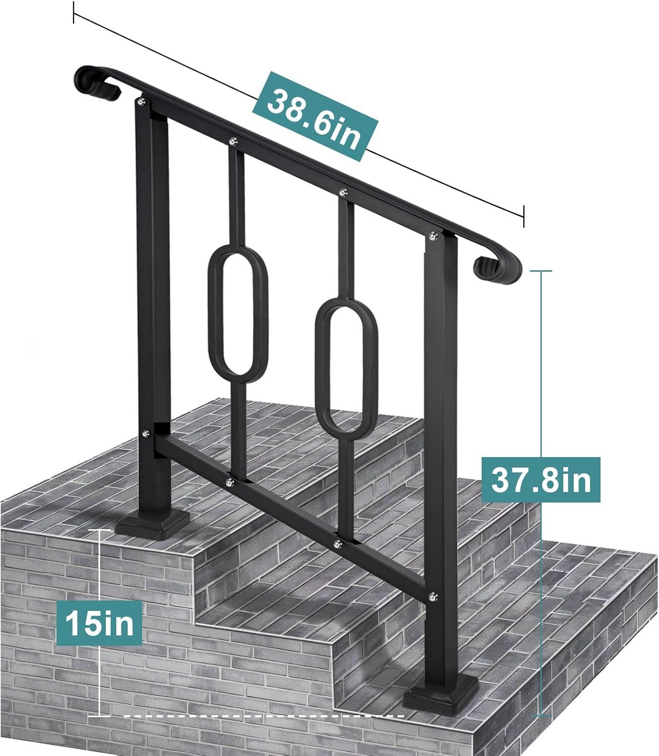 Handrails for Outdoor Steps, Fit 2 or 3 Steps Outdoor Stair Railing, Black Wrought Iron Handrail Handrails for Concrete Steps or Wooden Stairs (2-3 Step Elliptical)