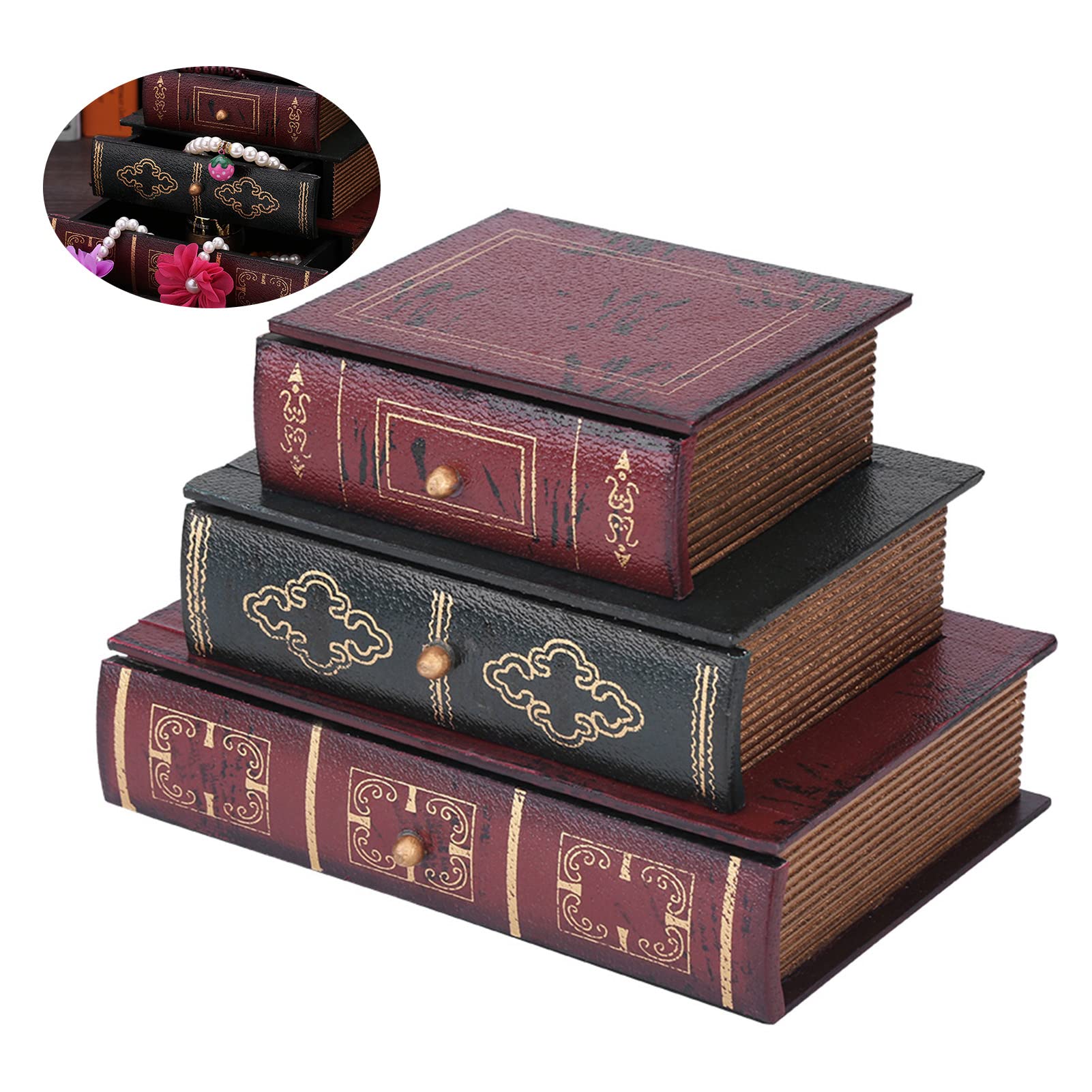 Scatola di Immagazzinaggio dei Gioielli Creativo Retro,Organizer Scrivania Forma Libri,Mobili Cassettiera da Tavolo con 3 Cassetti per Gioielli 21 x 15 x 14.5 cm
