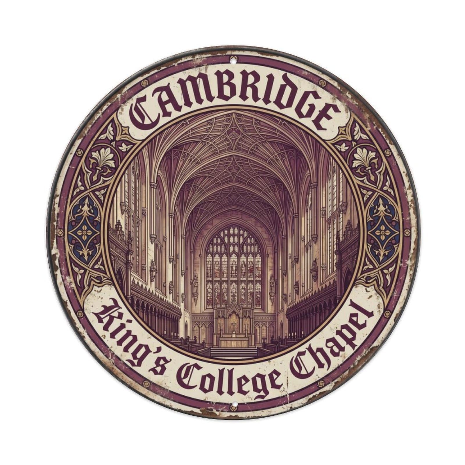 Vintage Travel Cambridge Kings College Metal Tin Sign Plaque Wall Decor for Cafe, Club Bar, Office, Home Garden Round Metal Poster 8x8Inch