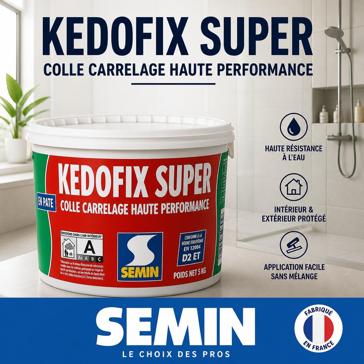 Semin KEDOFIX SUPER Colle Carrelage Murale 5 kg – Prête à l’Emploi Sans Ciment – Intérieur & Extérieur Protégé – Haute Résistance à l’Eau – Spécial Pièces Humides – Faïence, Pierre, Pâte de Verre