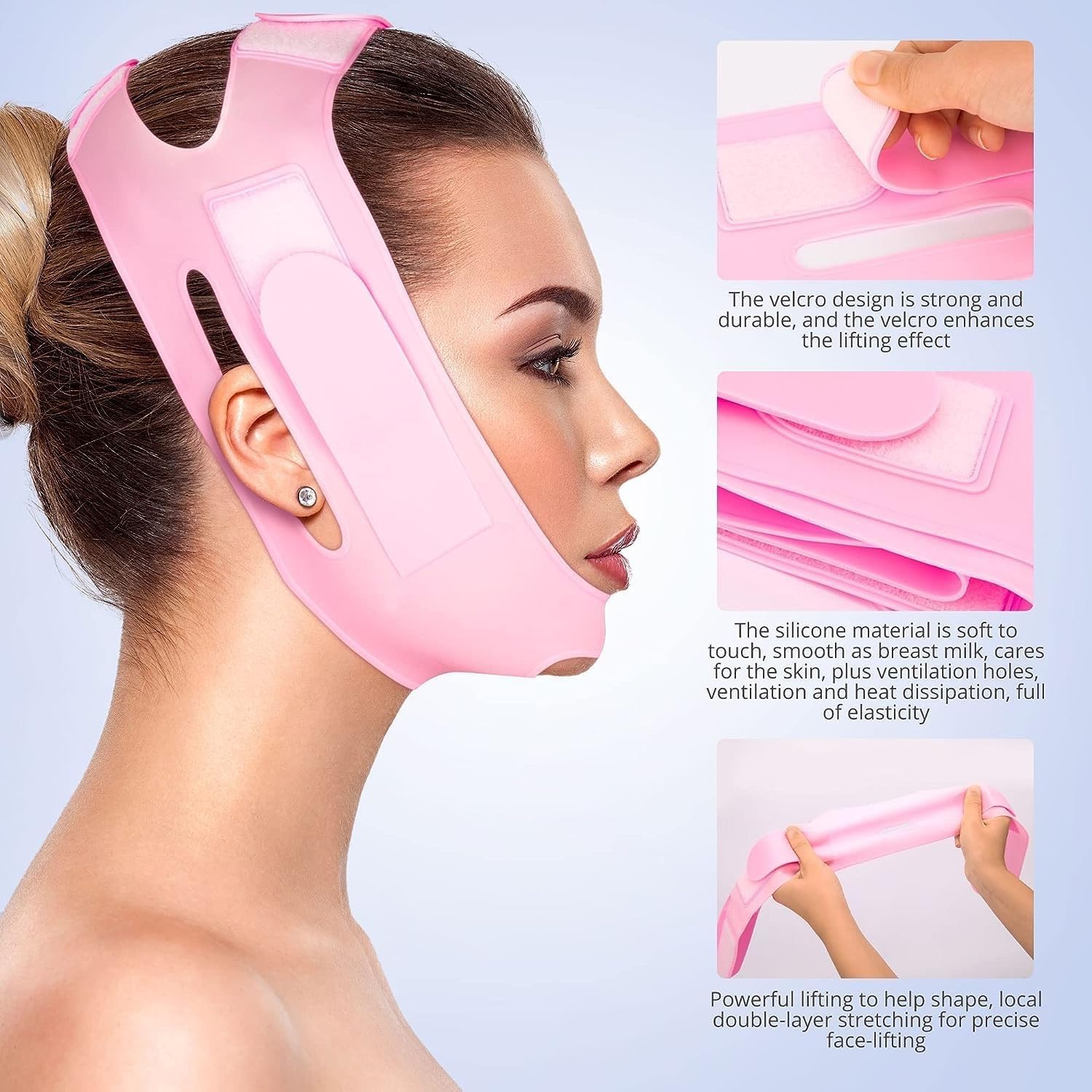 Silicone V Face Mask Face Lift Up Belt Facial Slimming Bandage Mask Cheek,Chin,Neck Slimming Thin Belt Face Slim Lift Band Mask Double Chin Reducer for Women and Men Tightening Skin (V-Line Mask) (Pink)