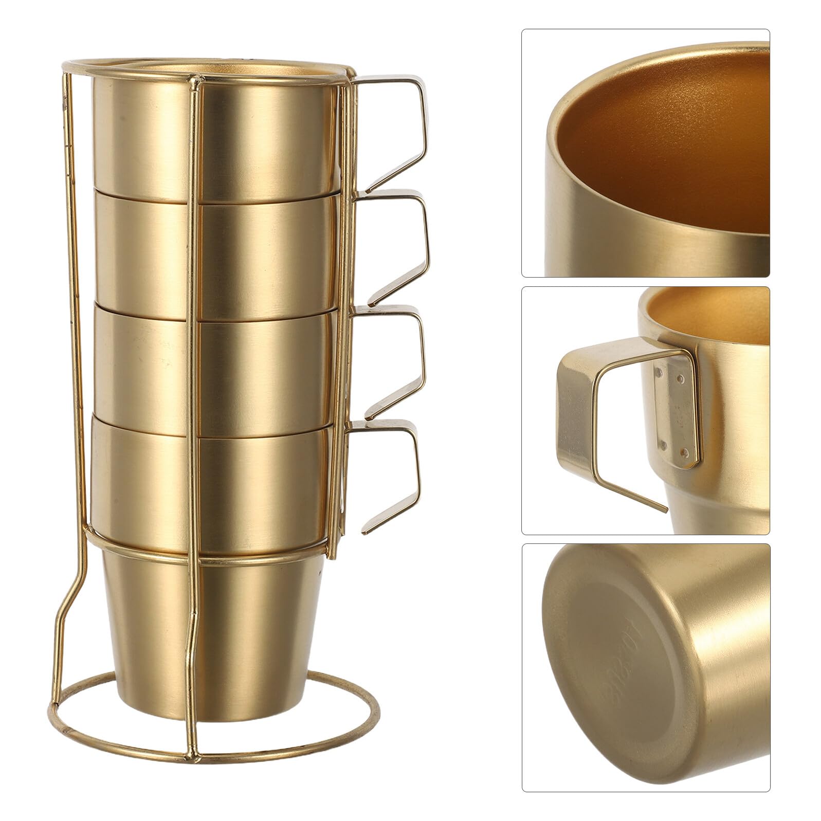 NOLITOY Juego de 4 Tazas Térmicas Infantiles de Acero Inoxidable de 300 Ml con Doble Pared y Asa Resistente al Calor Apilables con Soporte Dorado Adecuado para Té Café y Bebidas Frías