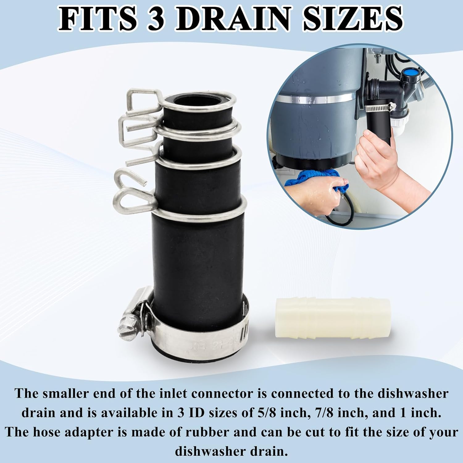 Dishwasher Drain Hose Adapter for Garbage Disposal Dishwasher Connector Dishwasher Hose Connector Kit Include 1 Inlet Connector, 1 Hose Clamp & 3 Spring Clamps