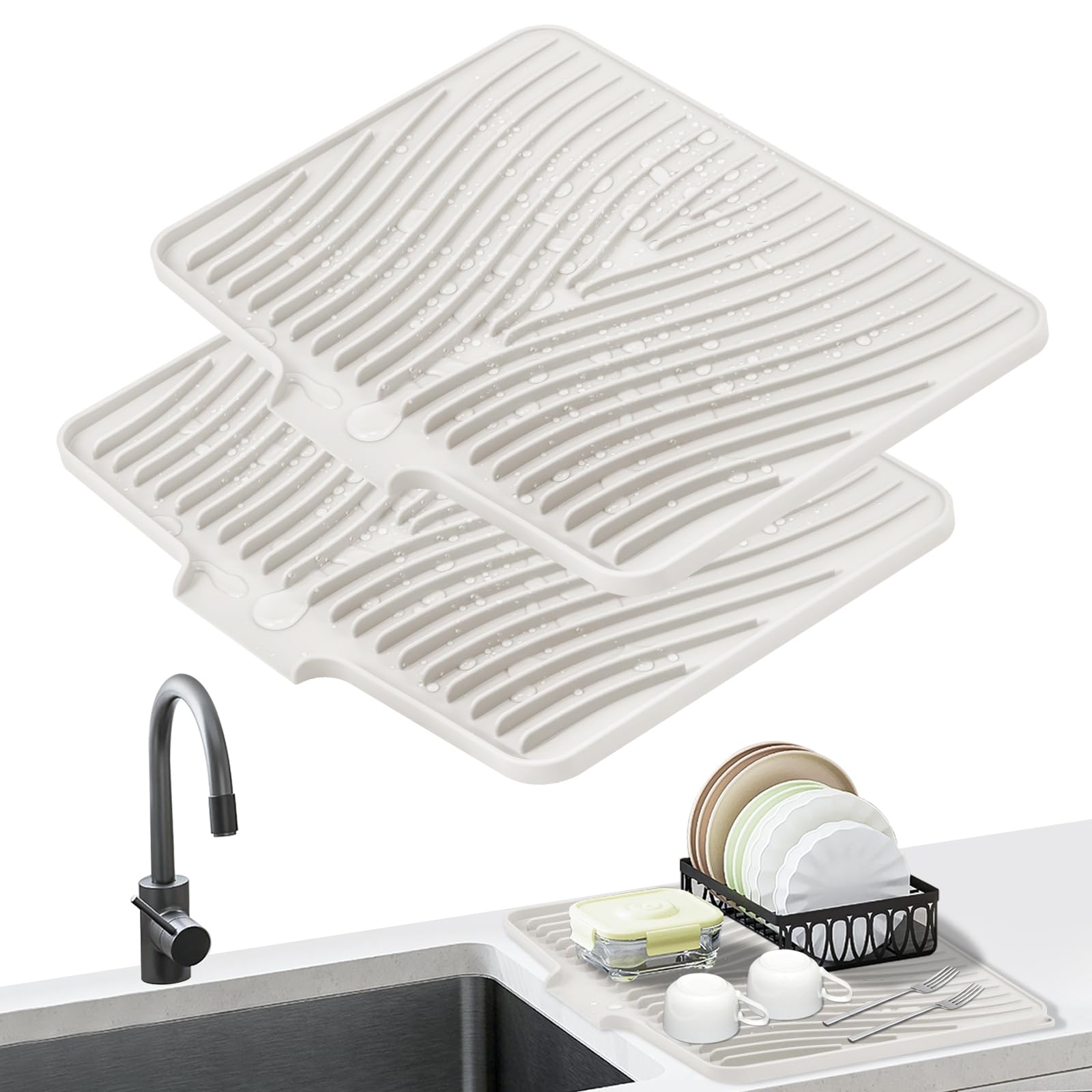 Dish Drying Mat, Stone Drying Mat for Kitchen Counter with Built-in Drain, Non-Slip Drying Matt Kitchen Counter, Heat Resistant Silicone Drying Mat, Dish Drying Pad, 2 Pcs(15.8"X 13", Beige)