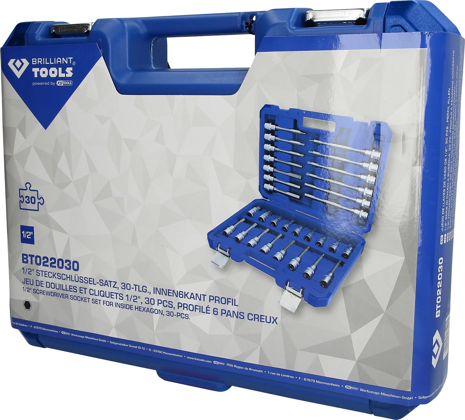 BRILLIANT TOOLS BT022030 Juego de llaves de vaso de 1/2", 30 pzs, perfil de hexágono interior [Powered by KS TOOLS]