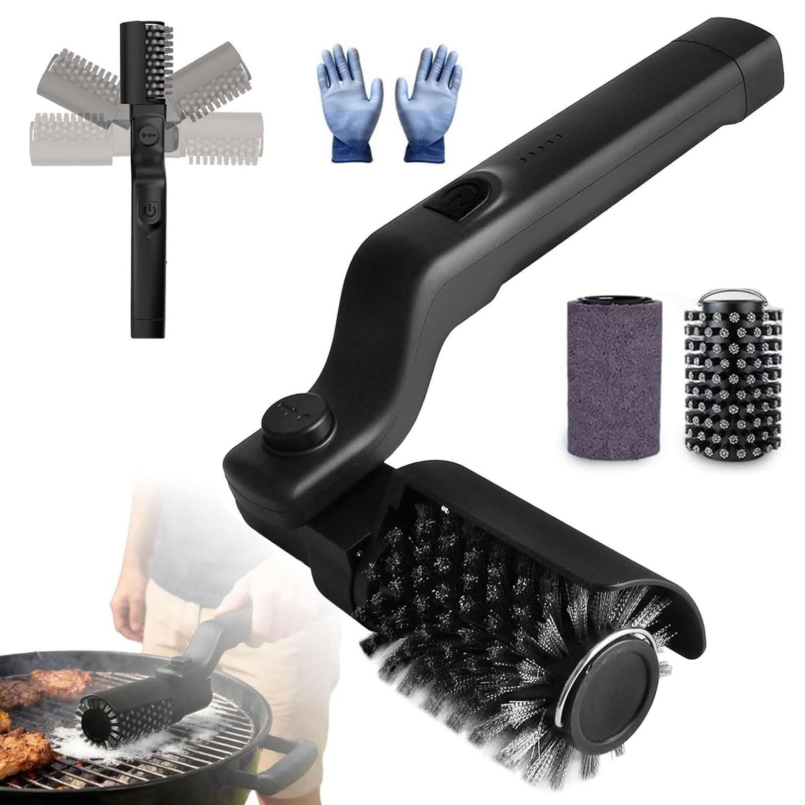 Cepillo eléctrico para parrilla, limpiador inalámbrico para barbacoa con 2 cabezales, acero inoxidable, control de 3 velocidades, batería de 2600 mAh para 90 minutos de funcionamiento, ideal para