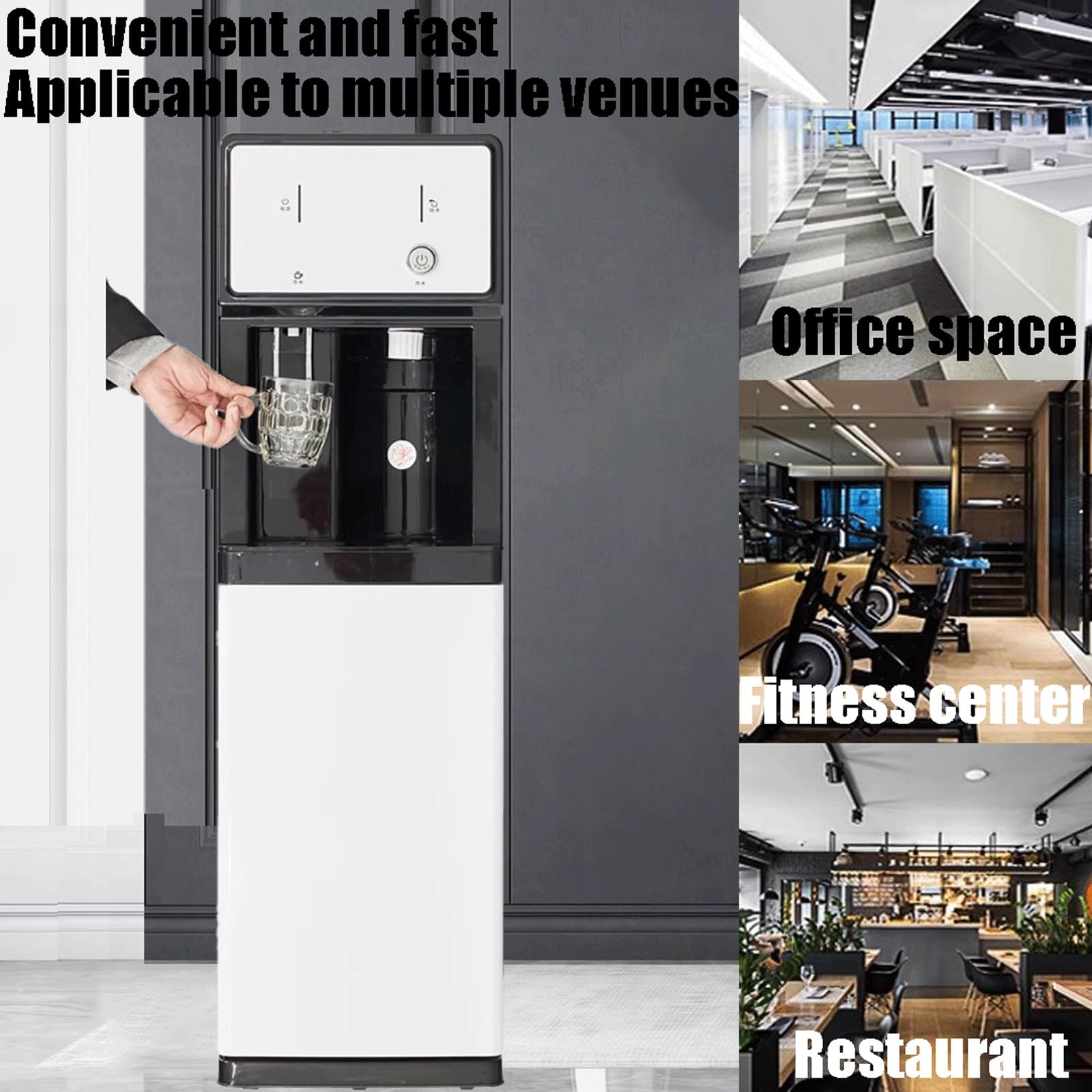Distributore d'acqua a caricamento automatico, refrigeratore d'acqua a pavimento con uscite for acqua calda, a temperatura ambiente e fredda for bottiglie da 3 o 5 galloni.