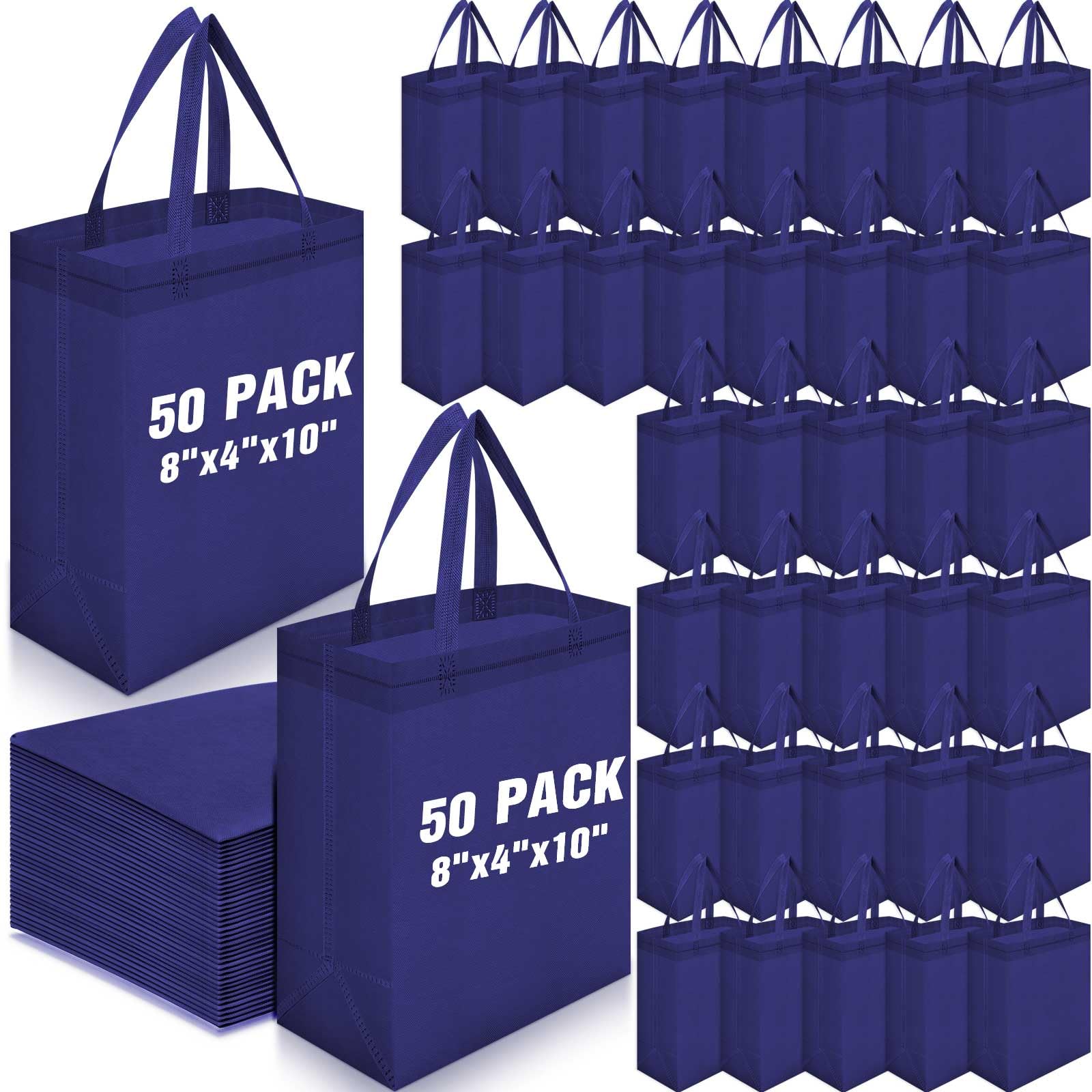 Windyun 50 Pcs Reusable Tote Bag Bulk 8 x 4 x 10 Inch Non Woven Shopping Bag with Handle Christmas Reusable Grocery Gift Tote (Navy Blue)