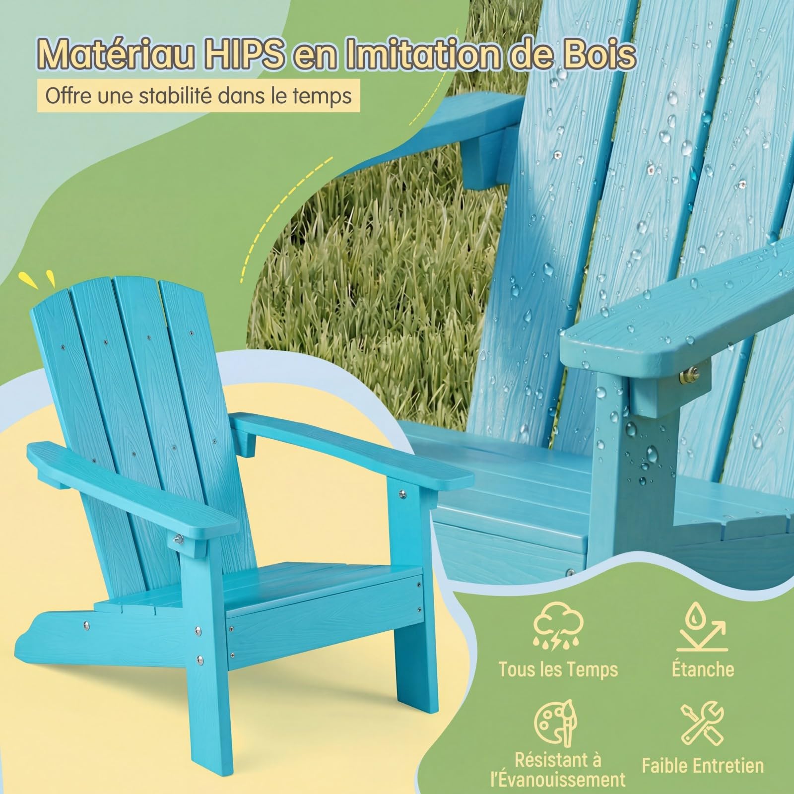 COSTWAY Chaise Adirondack Enfant en HIPS, Fauteuil de Jardin Extérieur avec Accoudoirs et Assise Ergonomique 105°, Charge 75kg pour 3-8 Ans pour Jardin Piscine Terrasse, 55,5x51x56cm (Turquoise)