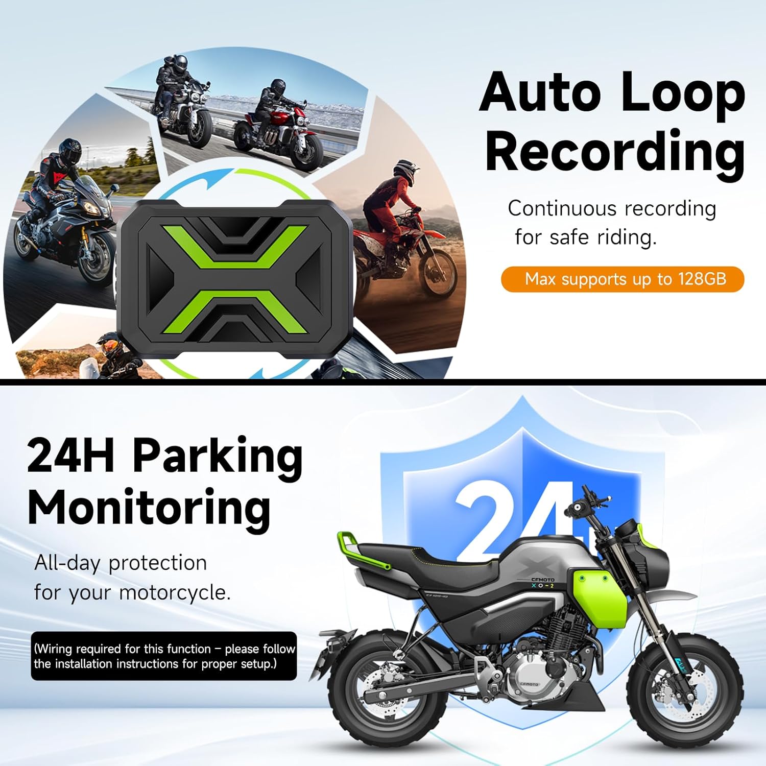 Motorcycle Dash Cam Front and Rear, Dual 1080p Dash Cam for Motorcycle with 64GB SD Card IP67 Waterproof, Loop Recording 24H Parking Monitor Night Vision with App Control Max Support 128 GB