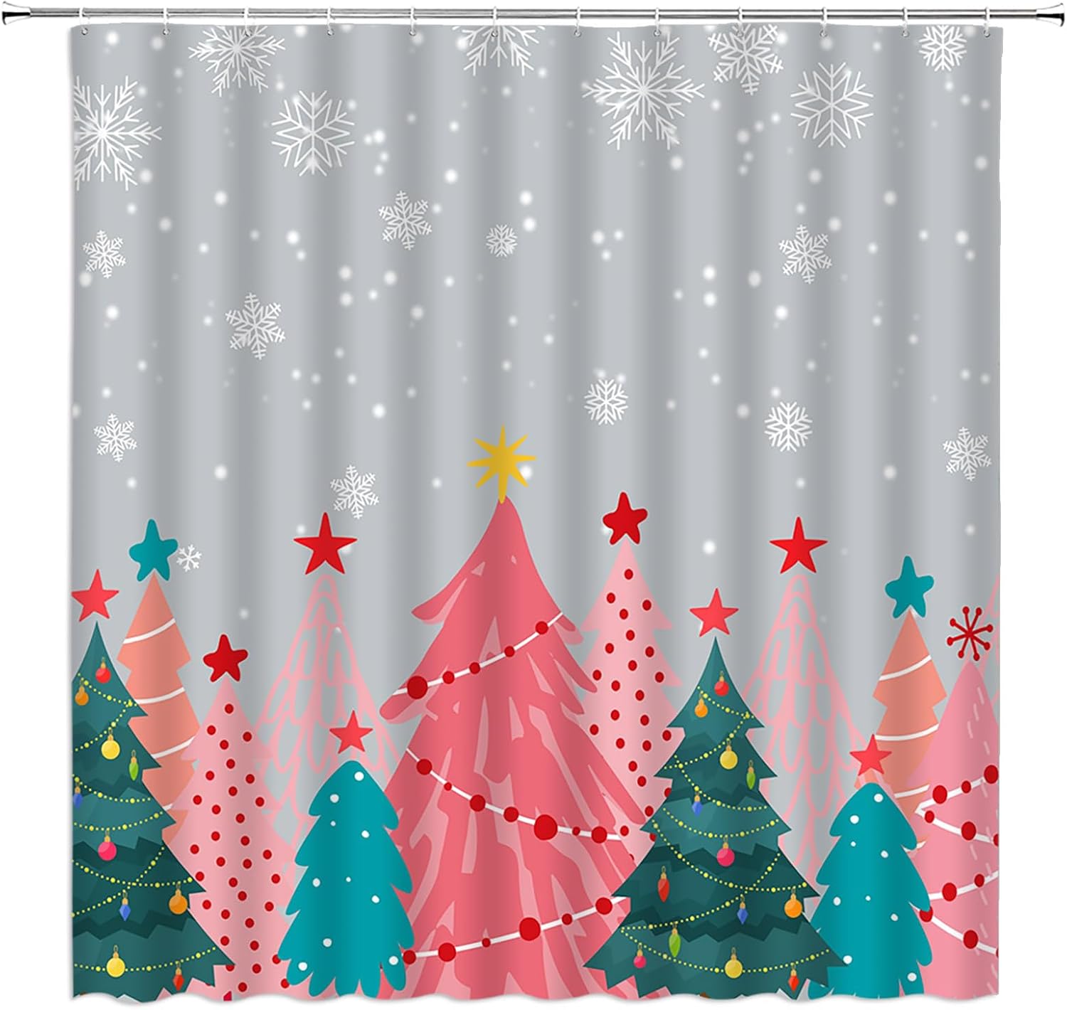 Christmas Tree Extra Long Shower Curtain Pink Gray Xmas Tree Snowflake Green Forest Winter Holiday Cute Fabic with Hooks for Bathroom Decor,70x78 Inch