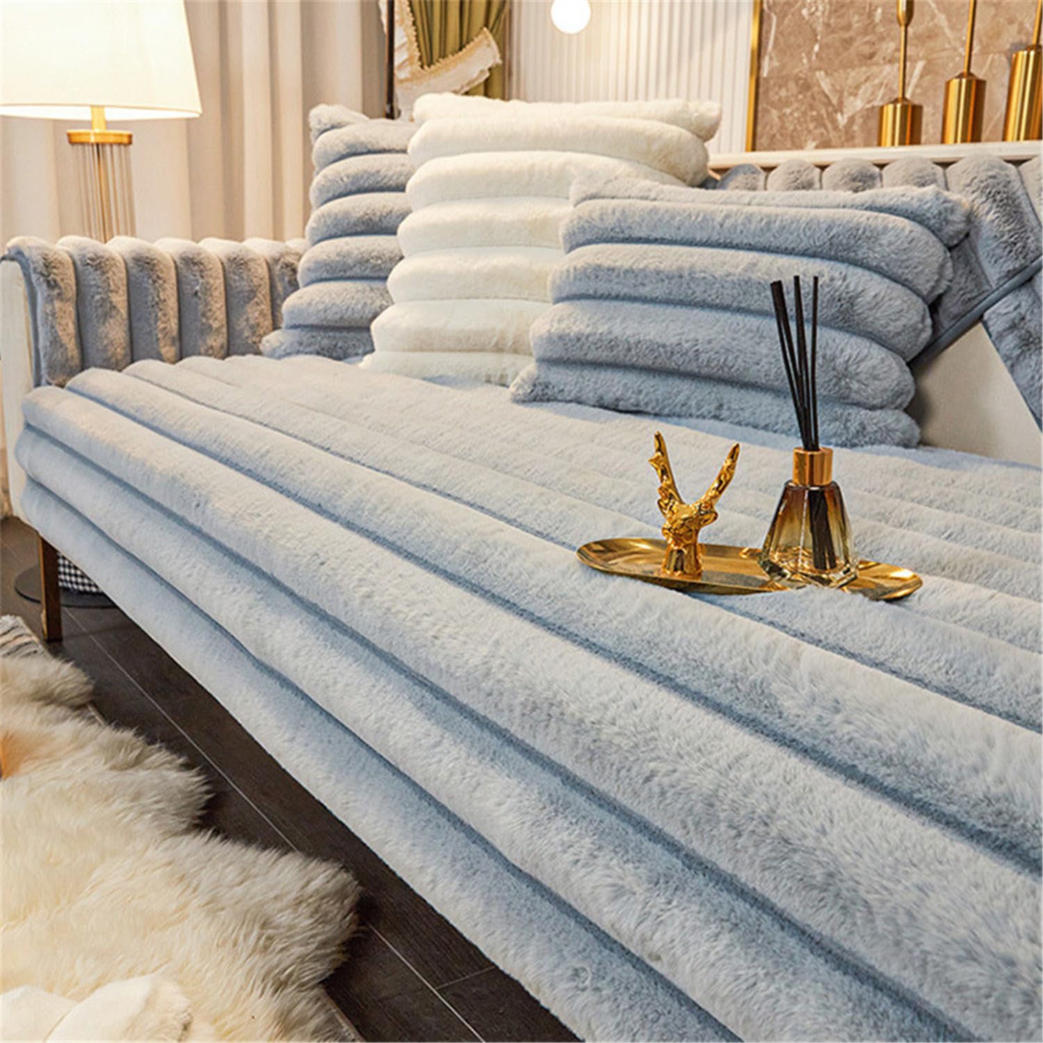 LINGKY Thick Rabbit Plush Sofa Covers 1 2 3 Seater, Non-Slip Sofa Slipcovers For Corner L Shape, Funny Fuzzy Sofa Cover, Warm Velvet Sofa Cushion Covers, Washable Furniture Protector (Blue,70x150cm)