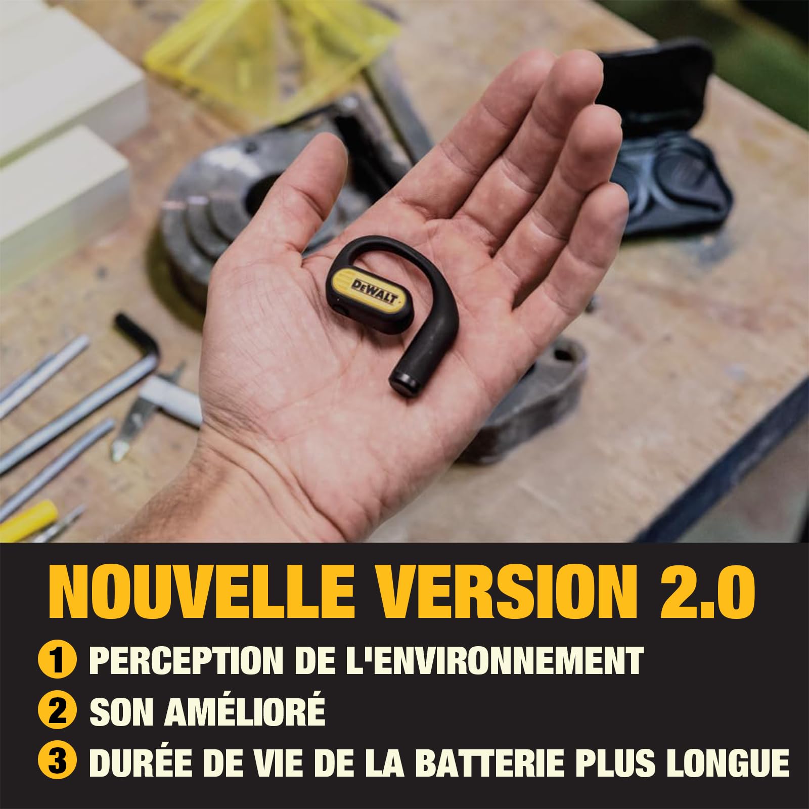 DEWALT Jobsite Écouteurs Ouverts très résistants Bluetooth 5.3 sans Fil avec 44 Heures d'autonomie, Son de qualité supérieure, véritable Conduction d'air sans Fil, écouteurs Ouverts avec Crochets