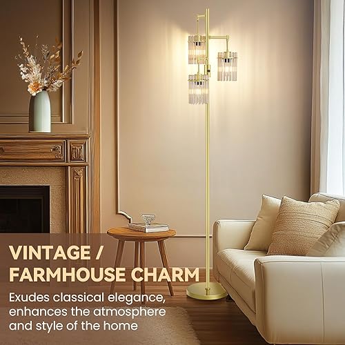 Vista 5 de Lámparas de pie industriales modernas para sala de estar, lámparas altas de pie de árbol de vidrio regulables con 3 elegantes cabezales de jaula