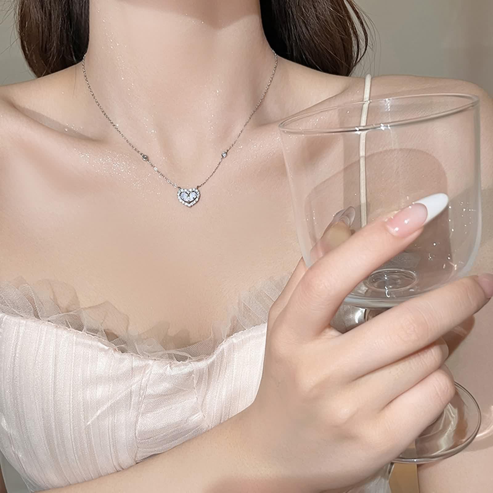 Moissanite Collana, Collana Donna Vintage Ciondolo Catenina Gioielli Oro Bianco 9K/14K/18K Cuore Vuoto 40+5cm