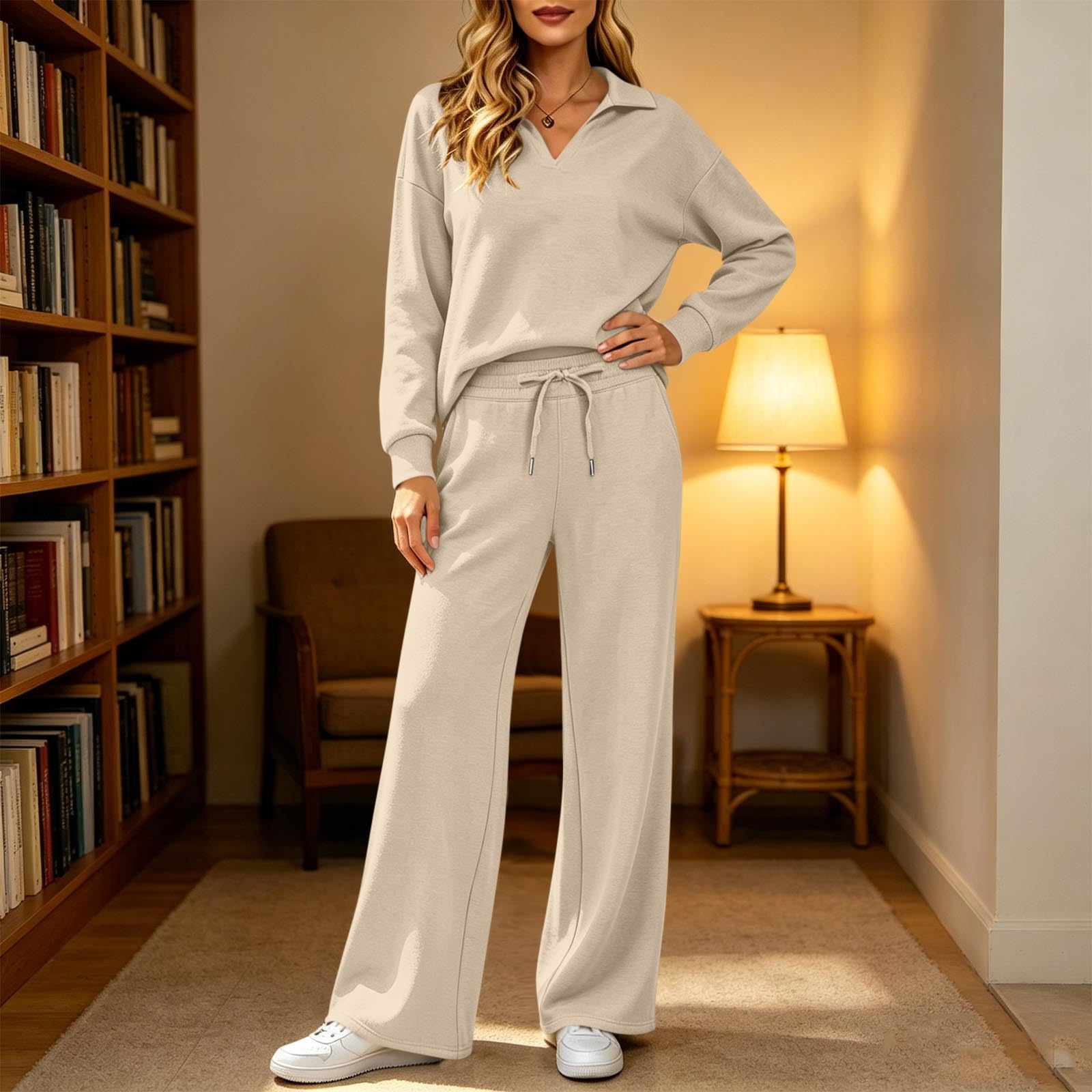 Ensemble Jogging Femme Survêtement Femme Haut Col Revers Et Jogging Pantalon Large Femmes 2 Pièces Activewear Automne Hiver Loungewear Set Doux Et Confortable Ensemble De Sport