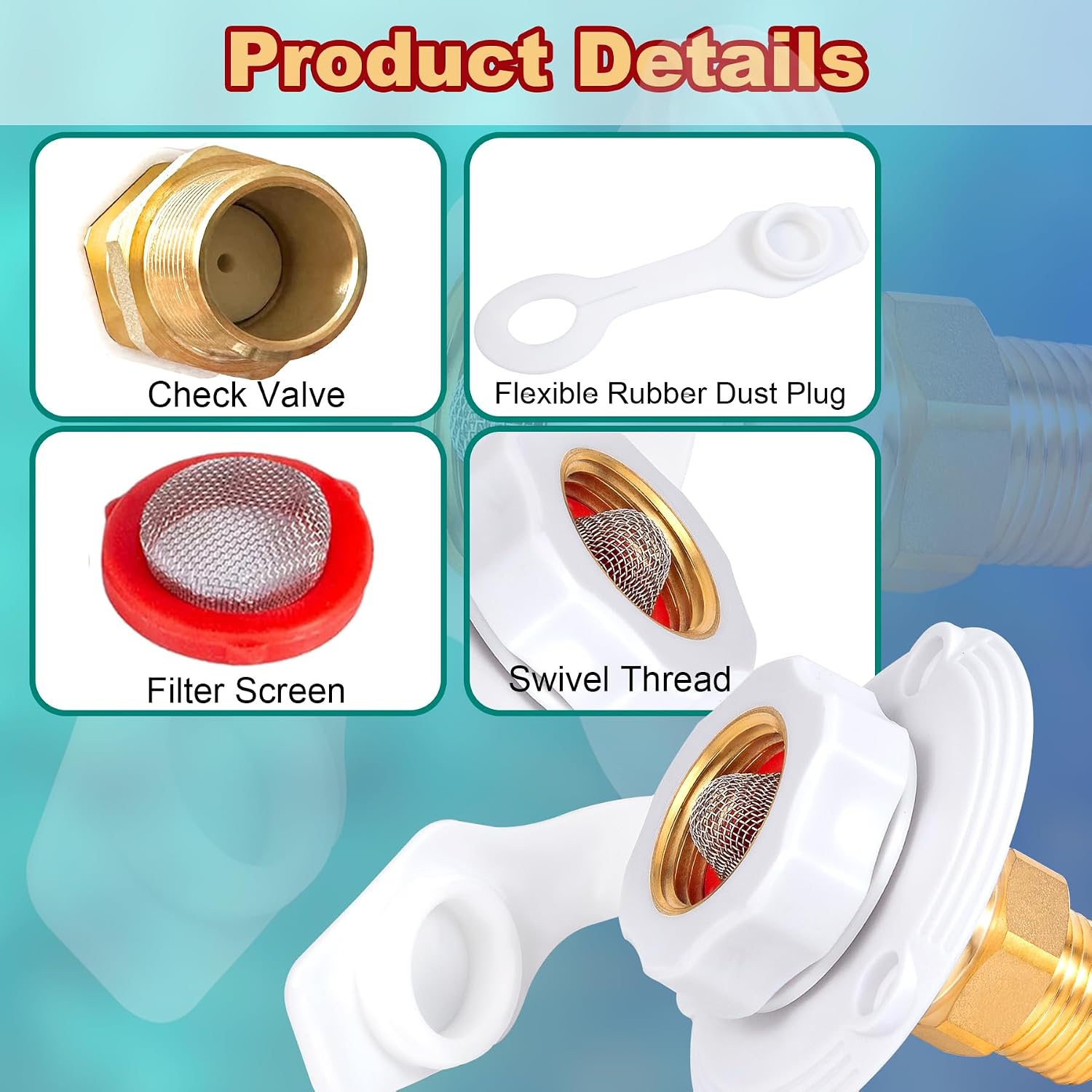 RV Water Inlet Connection City Water Fill Inlet Flange Brass with Check Valve,3/4 NH Female to 1/2 NPT Male RV City Water Inlet,Lead-free Brass RV Fresh Water Inlet with Dust Plug for RV Camper(White)