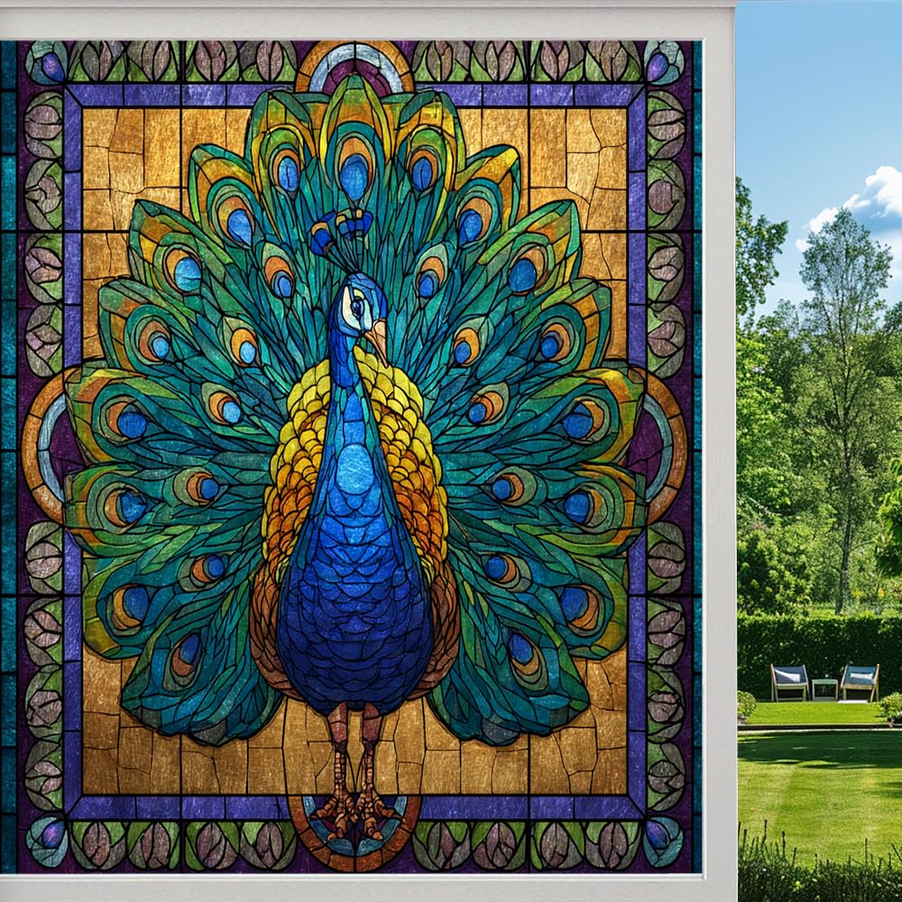 Colorful Peacock Stained Glass Window Film, Mysterious Abstract Vintage Bird Peel and Stick Privacy Film, Frosted Adhesive Vinyl Decorative for Bathroom Windows Glass Doors,（45x100cm）