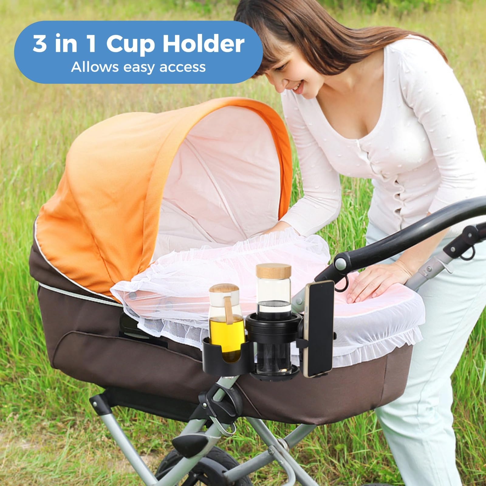 Generisch Becherhalter für Rollator und Rollstuhl, 3-in-1 mit Handyhalter, verstellbare 360-Grad-Drehhalterung, stabile Klemme, geeignet für Kinderwagen und Fahrrad