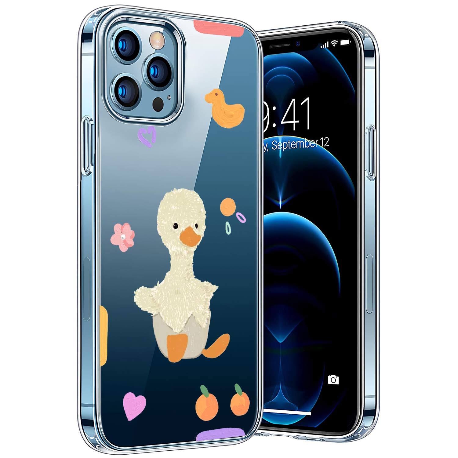Compatible with iPhone 12/12 Pro Mobile Phone Basic Case, TPU Transparent Anti-Scratch Case Cover with Colorful Animals Cartoon Pattern Design (Baby Duck)
