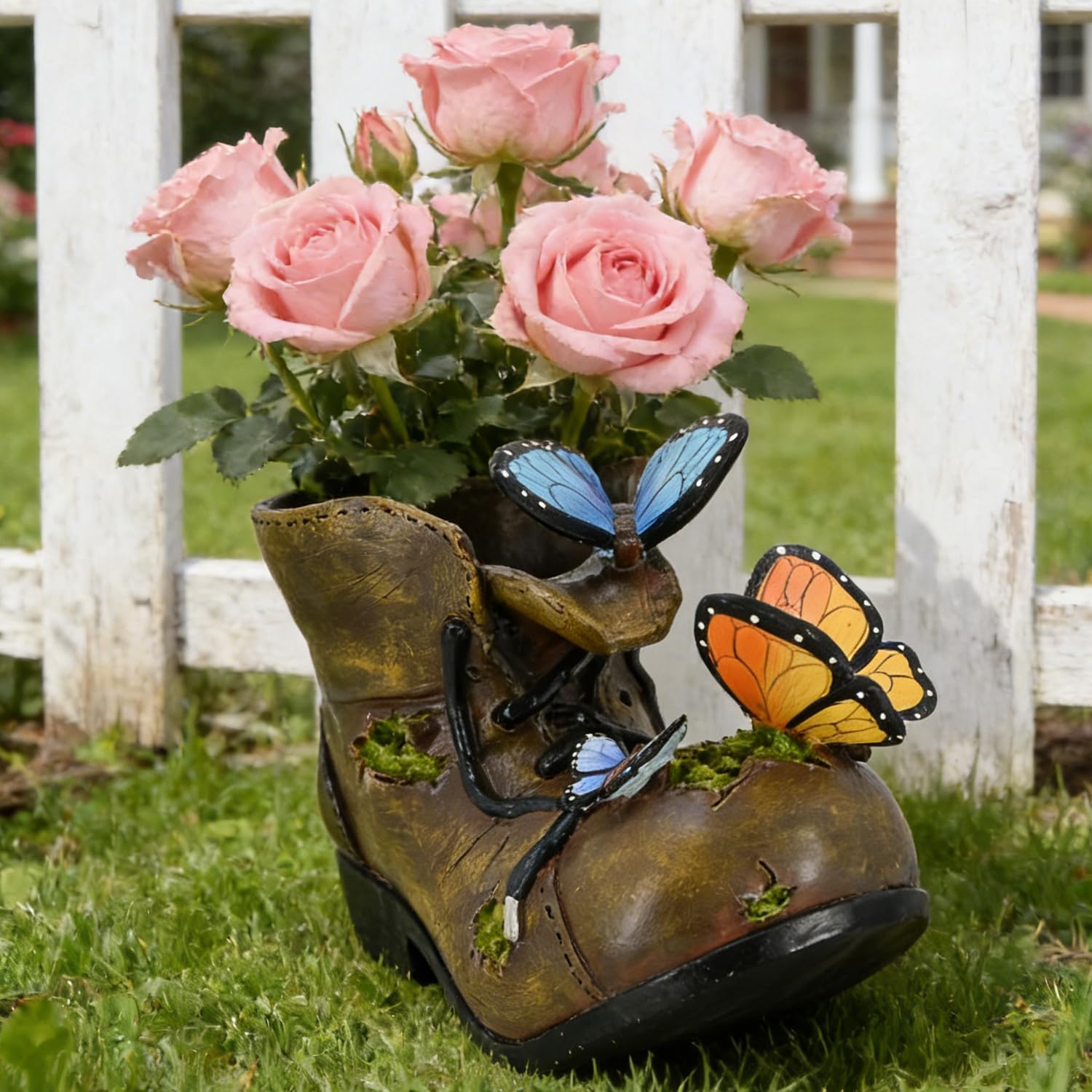 Unique Rustic Boot Planter for Outdoor Indoor Plants - Colorful Resin Pot with Butterfly for Garden Farmhouse Office Decor - Cute Decorative Pot for Succulents Flowers