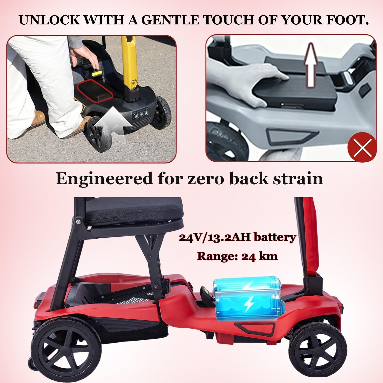 Scooter De Mobilité Pliable Scooters pour Seniors Équipé De Deux Batteries Au Lithium De 6,6 Ah Limite De Poids 100 Kg Pliable pour Un Transport Facile Red