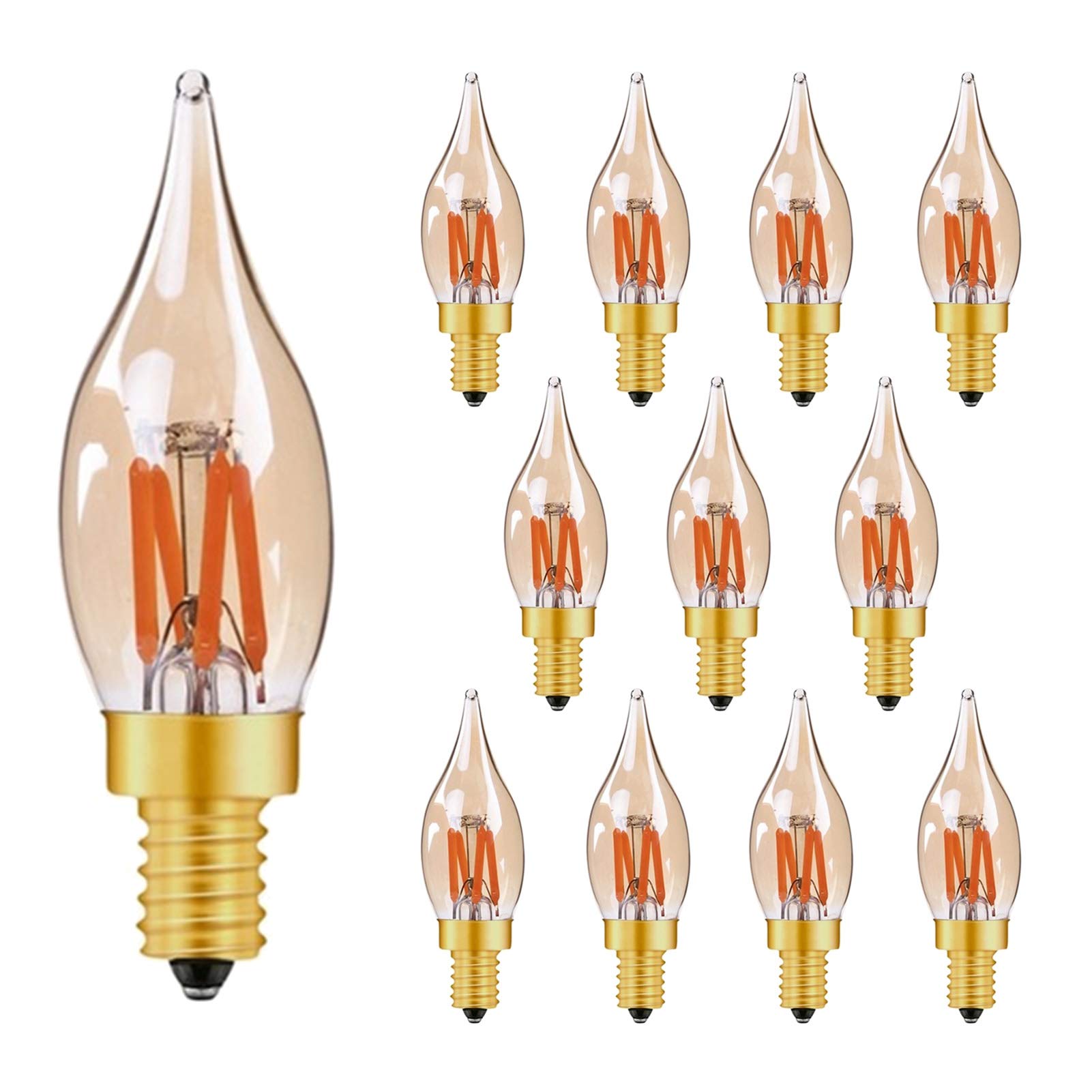 Ampoule candélabre LED C22t, ampoule à filament vintage Edison à pointe flamme 2 W, base dorée E12, 360 degrés ; Lumière décorative jaune chaud à angle faisceau, paquet 12