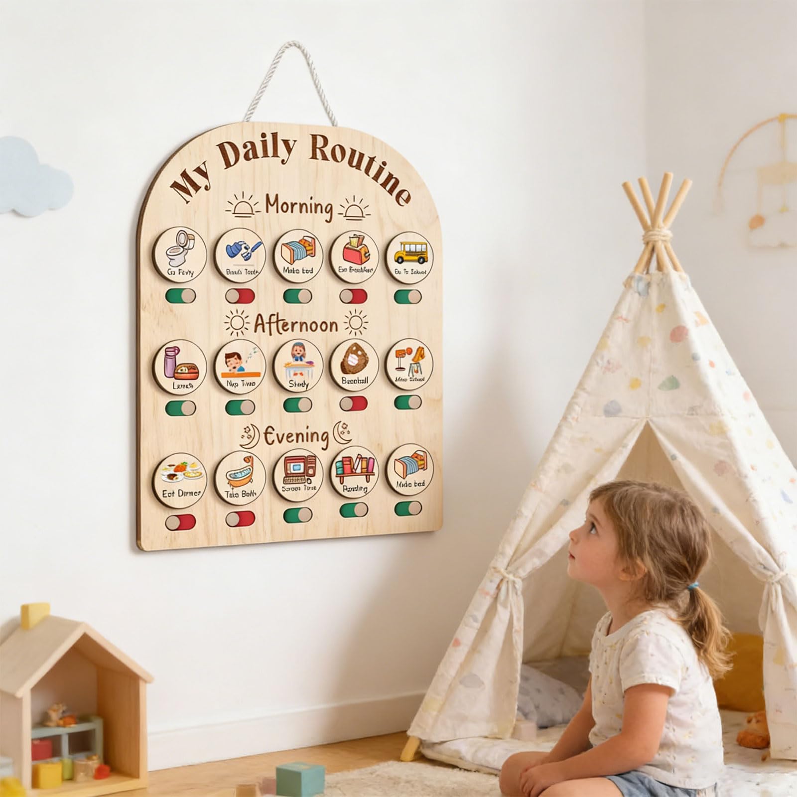 COOLHOOD Tabla de responsabilidad de madera para niños para el seguimiento diario de la rutina y el desarrollo del comportamiento con diseño personalizable