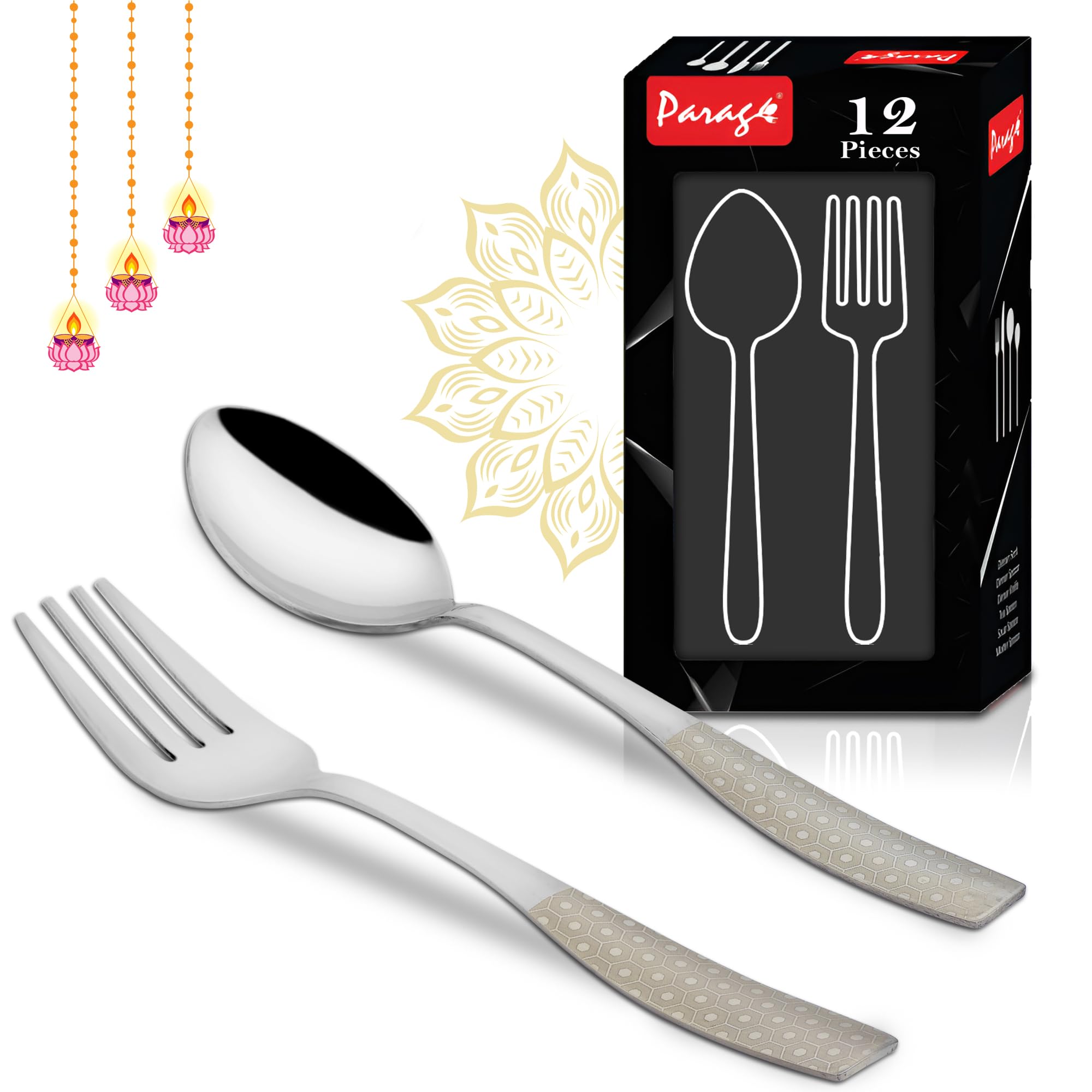 Parage 12 Pieces Stainless Steel Premium Cutlery Set for Home & Kitchen, Luxury Dining Tableware Small Spoon & Fork Gift, Laser Chammach Set, Silver Dazzle Design (6 Dinner Spoons & 6 Dinner Forks)