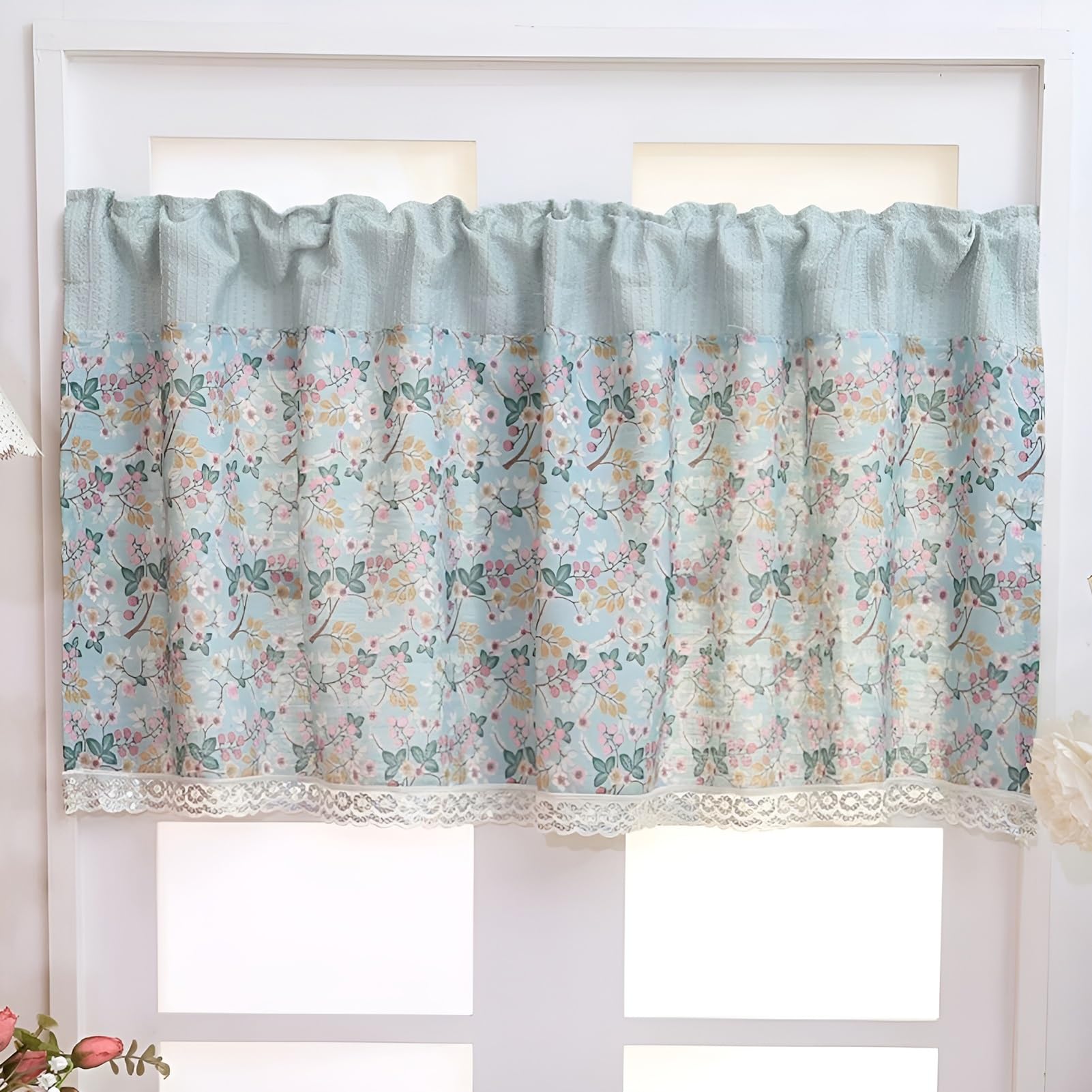 Tendine Corte in Cotone e Lino, Piccola Tenda con Motivo Floreale Stile Rustico, per Cucina Balcone Camera Bar((WXH) 130X120CM/51.1X47IN)