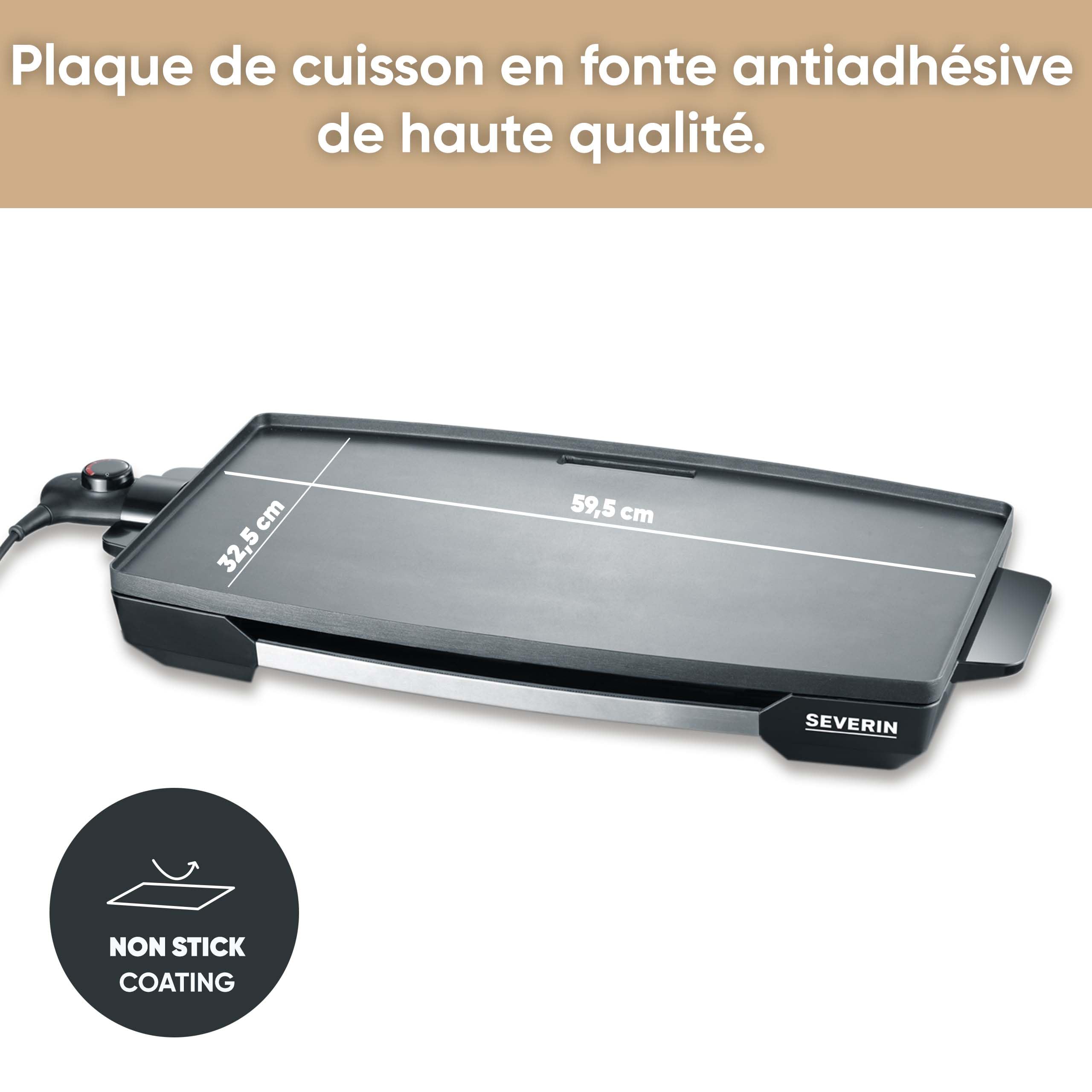 SEVERIN Plancha 2 200 W, Plaque de cuisson XXL pour viandes, poissons & légumes au revêtement anti-adhésif, Gril électrique avec bac récupérateur de graisse amovible, Noir, KG 2397