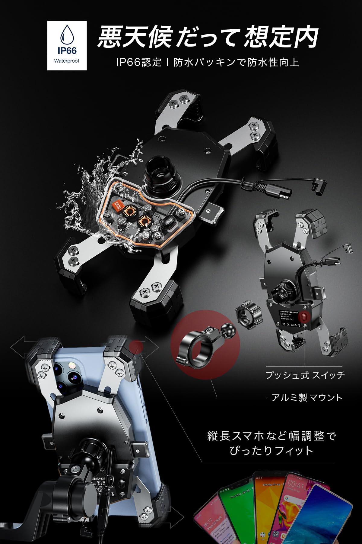 Amazon.co.jp: Kaedear(カエディア) バイク スマホホルダー QI USB