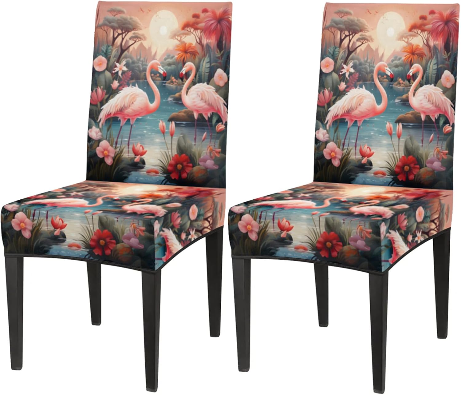 QsirBC Flamingo Flower Tree Stretch Dining Room Chair Covers Set of 6 Chair Slipcovers Removable Washable Kitchen Seat Covers Chair Protectors for Hotel Party Wedding