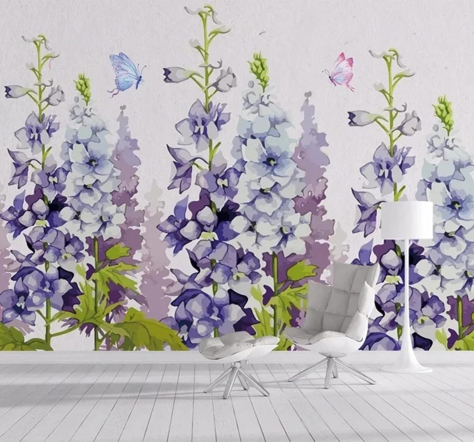 XLMING Papier Peint 3D Dessin À La Main Aquarelle Violet Fleurs Papillons