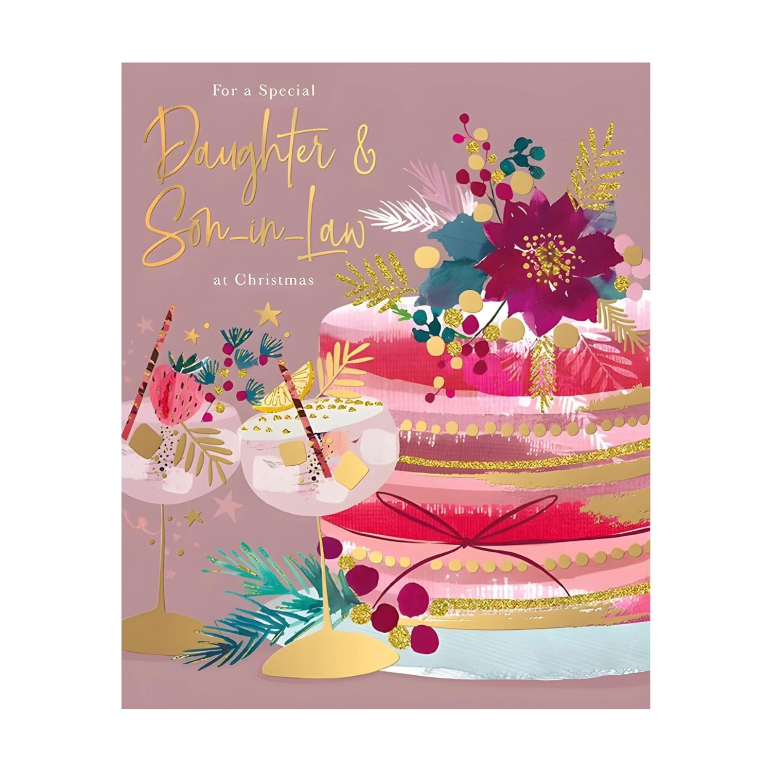 Daughter & Son-in-Law Christmas Card - Floral Cake and Cocktails - Artistic Festive Design - Special Finishes - Made in the UK - Eco-Friendly