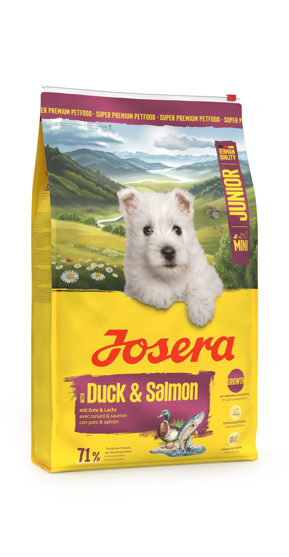 JOSERA Mini Junior kaczka i łosoś (1 x 10 kg) | sucha karma premium dla rosnących psów do 10 kg od 6. tygodnia | karma dla szczeniaków dla optymalnego rozwoju | małe krokiety | bezglutenowa | 1