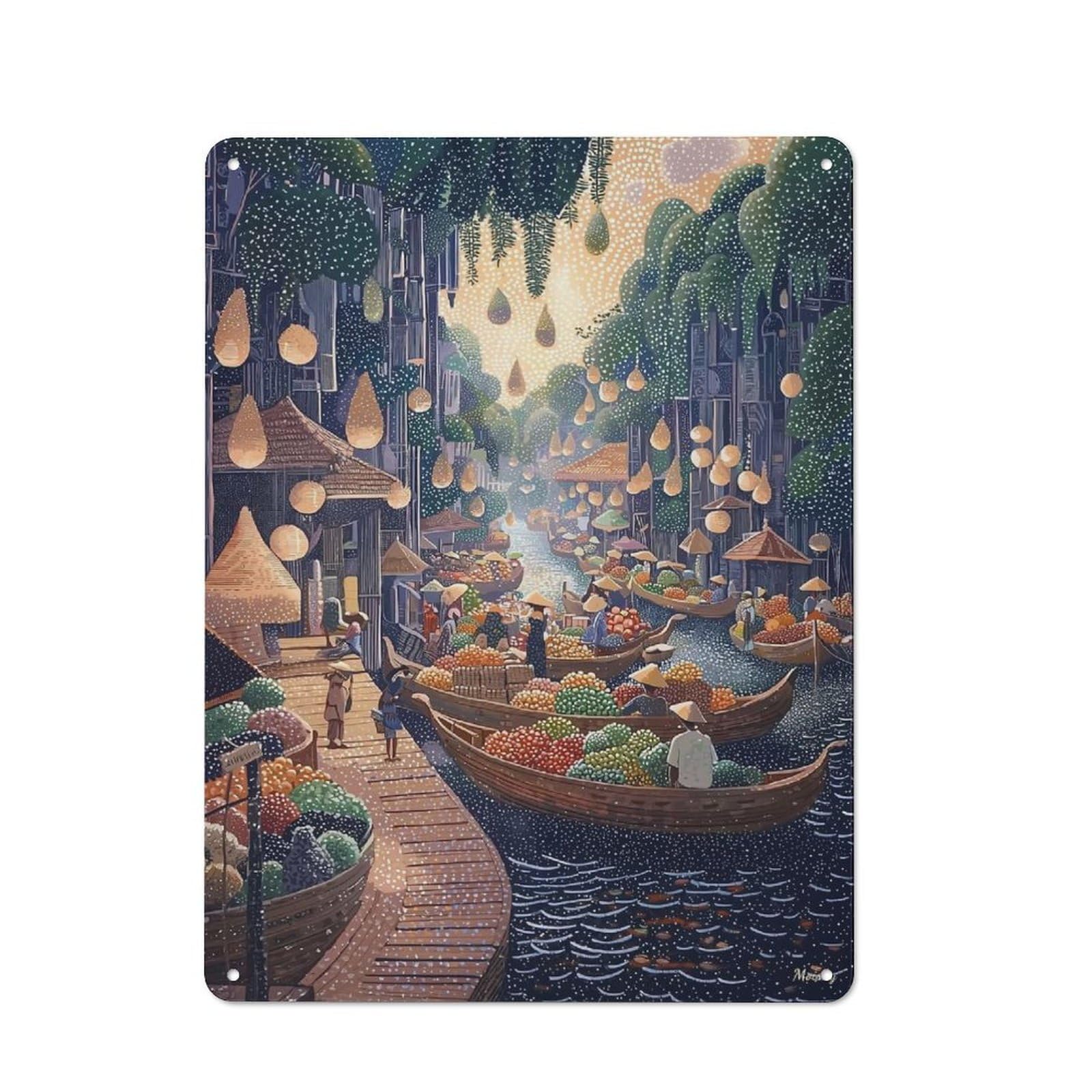 Junmoney Floating Market Scene In Pointillist Style Rustic Metal Plaque 40X30cm For Hobby Room Or Studio, For Vintage Wall Decor Fans, For Garage And Workshop Walls