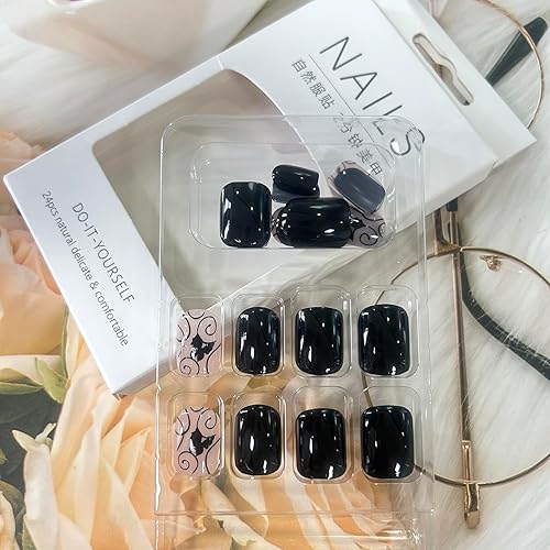 Miniatura 5 de Uñas postizas acrílicas artificiales cuadradas cortas negras con diseño de mariposa de diamantes de imitación, cobertura completa, reutilizables,