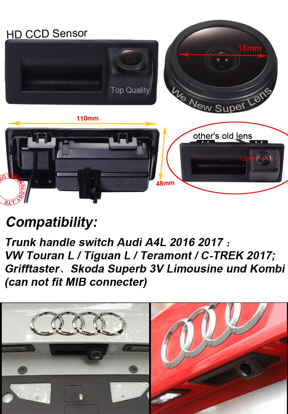 HD Car IP68 1280 pikseli, uchwyt bagażnika, jazda wsteczna, pomoc w parkowaniu, kamera cofania, system cofania, zamiennik do Audi A4L/V W Touran L/Tiguan L/Teramont/C-TREK/Skoda Superb 3 V Limousine