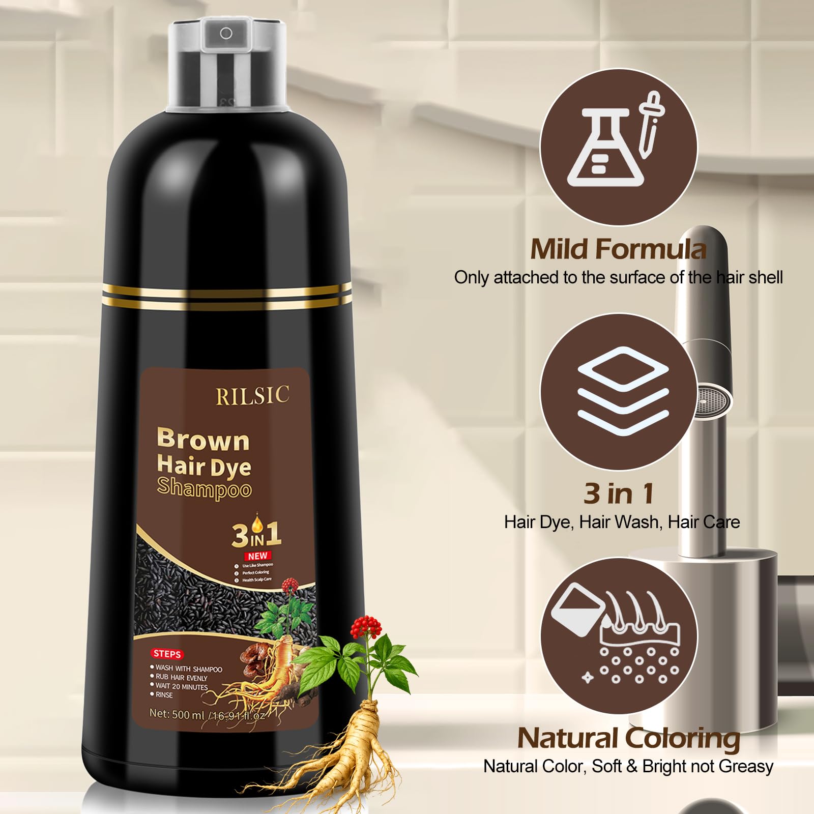 500 ml farba do włosów, naturalny brąz, szampon do farbowania włosów, szampon 3 w 1, przeciw siwym koloryzacji włosów, natychmiastowy szampon do farbowania włosów, dla mężczyzn i kobiet
