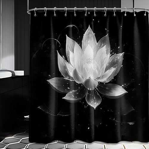 Miniatura 40 de Cortina de ducha negra y dorada con flores de loto amarillo dorado para juegos de decoración de baño, tela impermeable con ganchos, 70 x 72 pulgadas