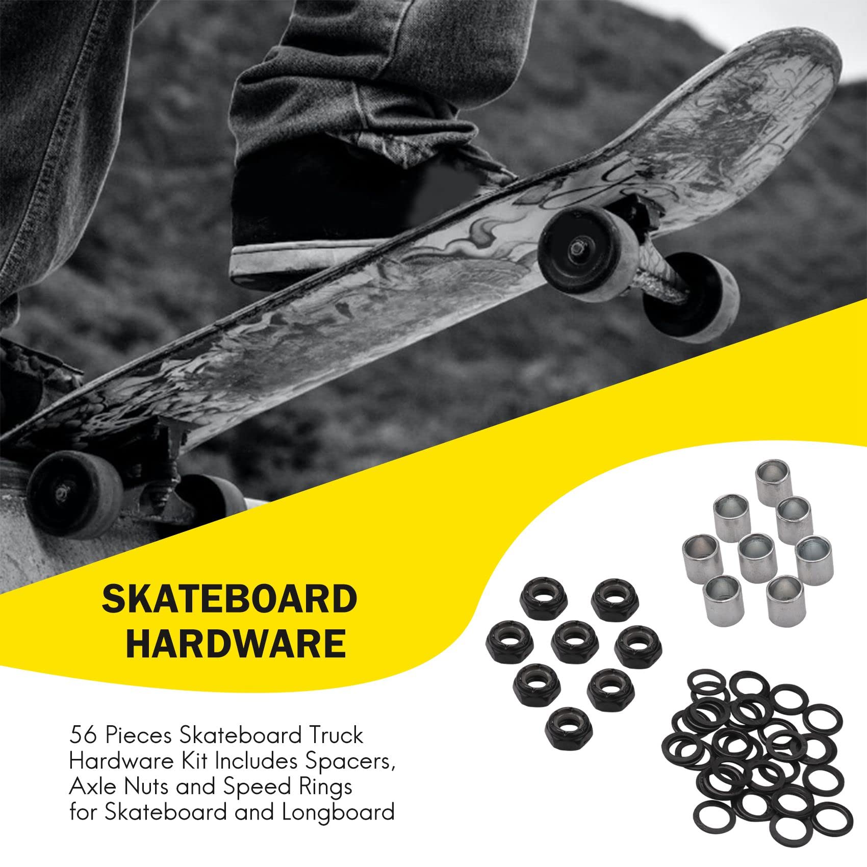 Tyatocepy il Kit Hardware per Camion da Skateboard da 56 Pezzi Include Distanziali, ASSE e Anelli di velocità per Skateboard e Longboard