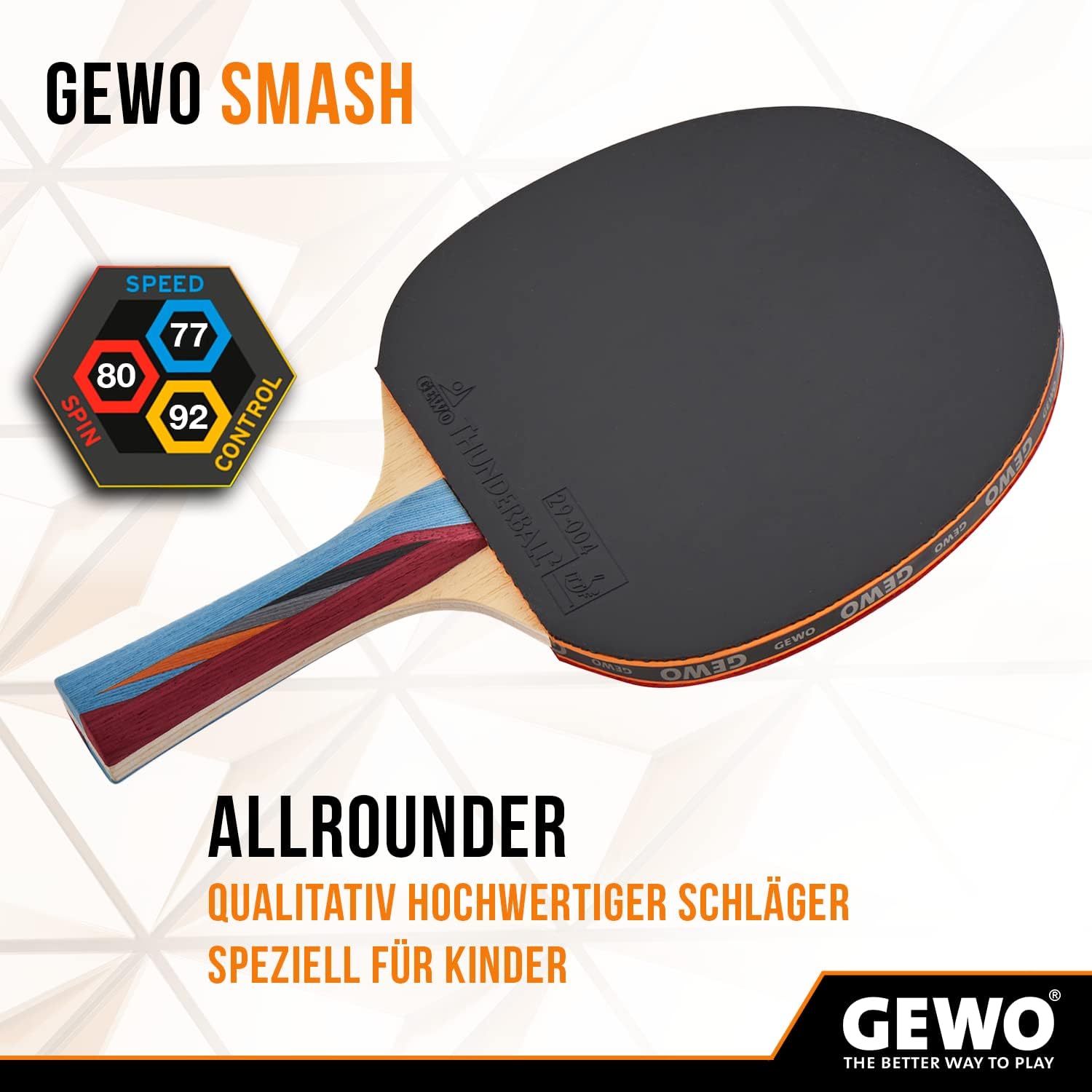 GEWO SMASH Tischtennisschläger - ITTF genehmigter Allroundschläger für Kinder, Wettkampf-Komplettschläger mit kontrolliertem Thunderball 2 Belag und hohen Rotationseigenschaften, konkav, 2,0mm Schwamm
