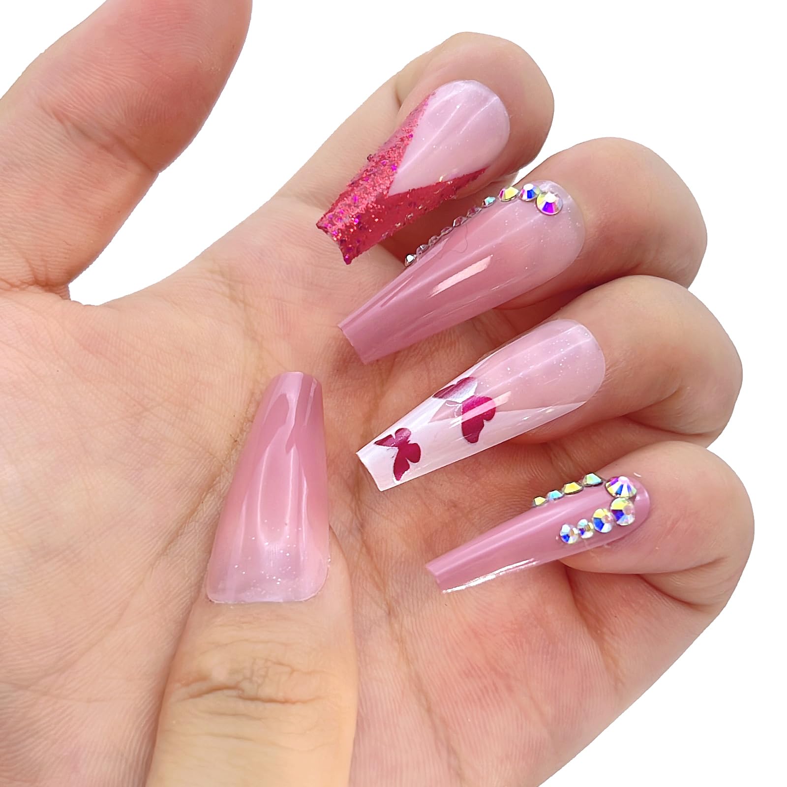Press On Nails Long V Girly Pink French Rhinestone Stereo Butterfly Glitter Fake Nails 12 Sizes 24 Pcs Gel False Nail Set